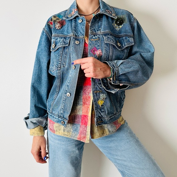 Vintage Industrial rags denim jacket with patches - Picture 2 of 10